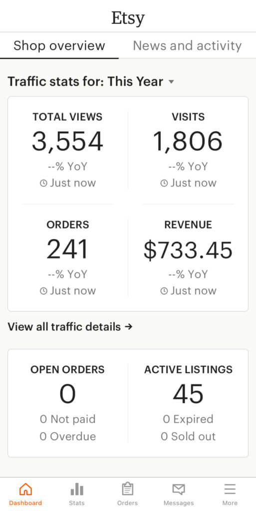 screenshot of my Etsy earnings