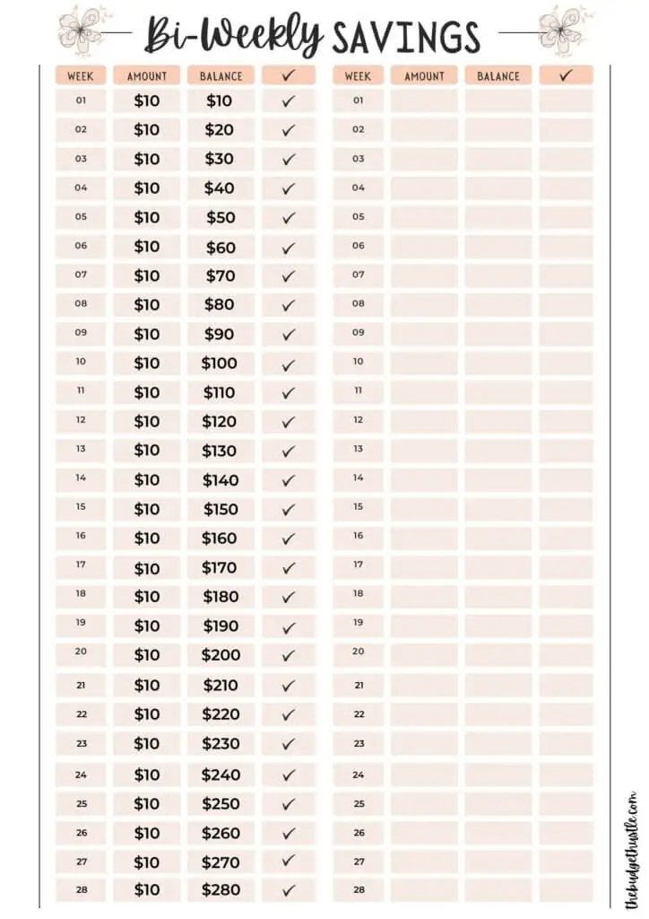 example bi-weekly savings chart printable