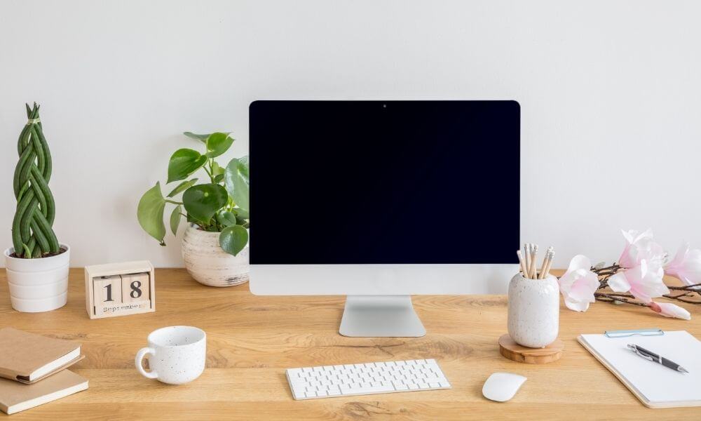 computer desk with plants