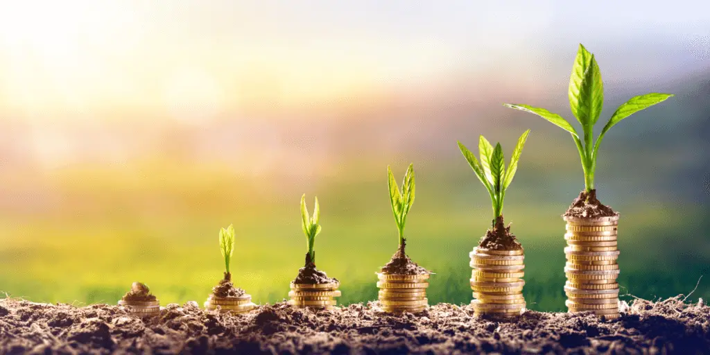 growing money, coins stacked with plants growing on top