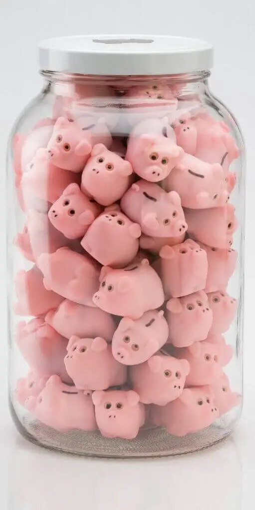 jar filled with tiny piggy banks 